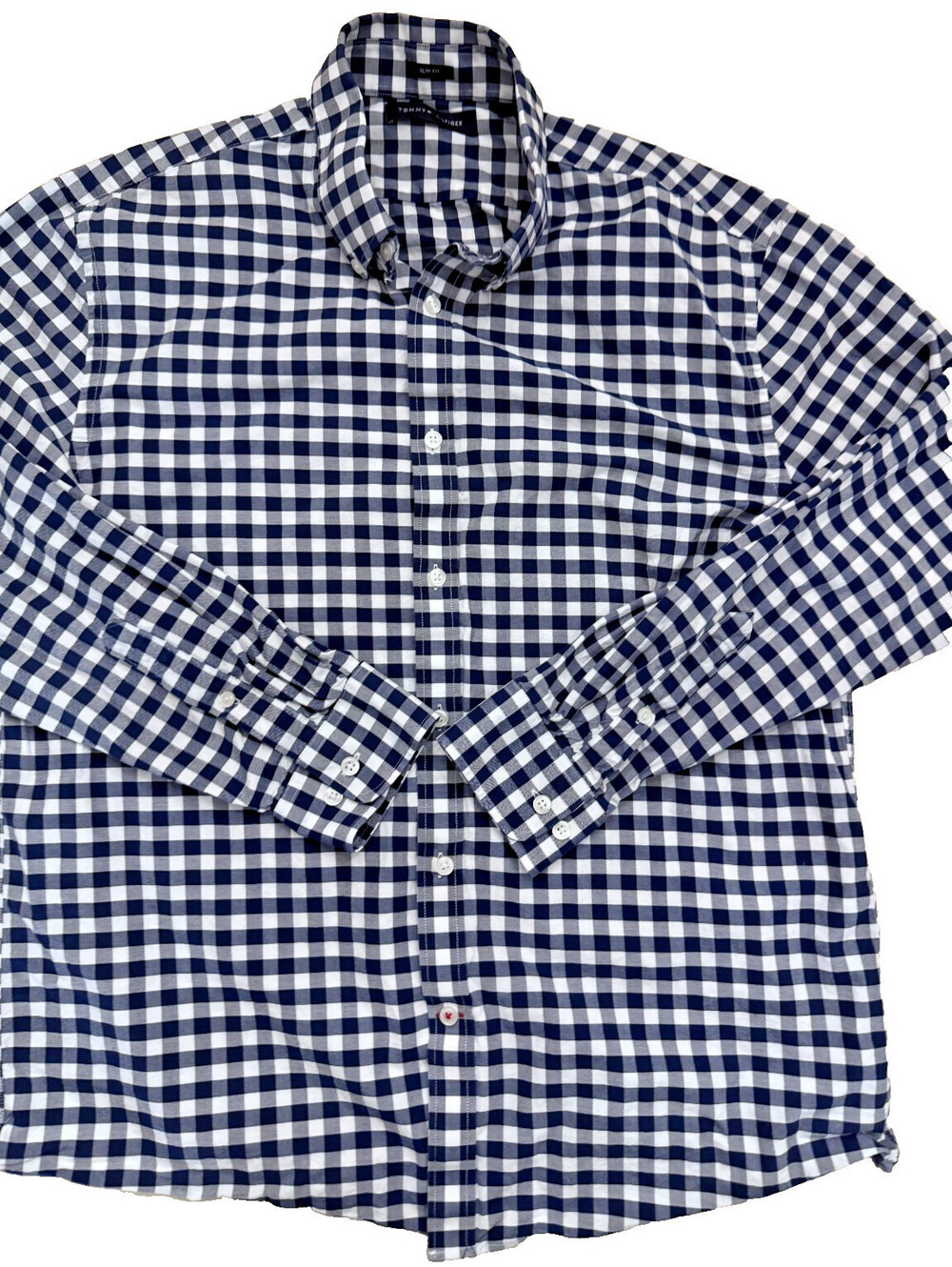 Tommy Hilfiger Men's Long Sleeve Shirt Large Blue White Checkered Slim Fit